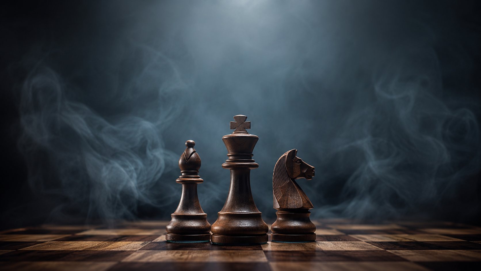 Chess pieces — a king, bishop and knight — lit through drifting smoke